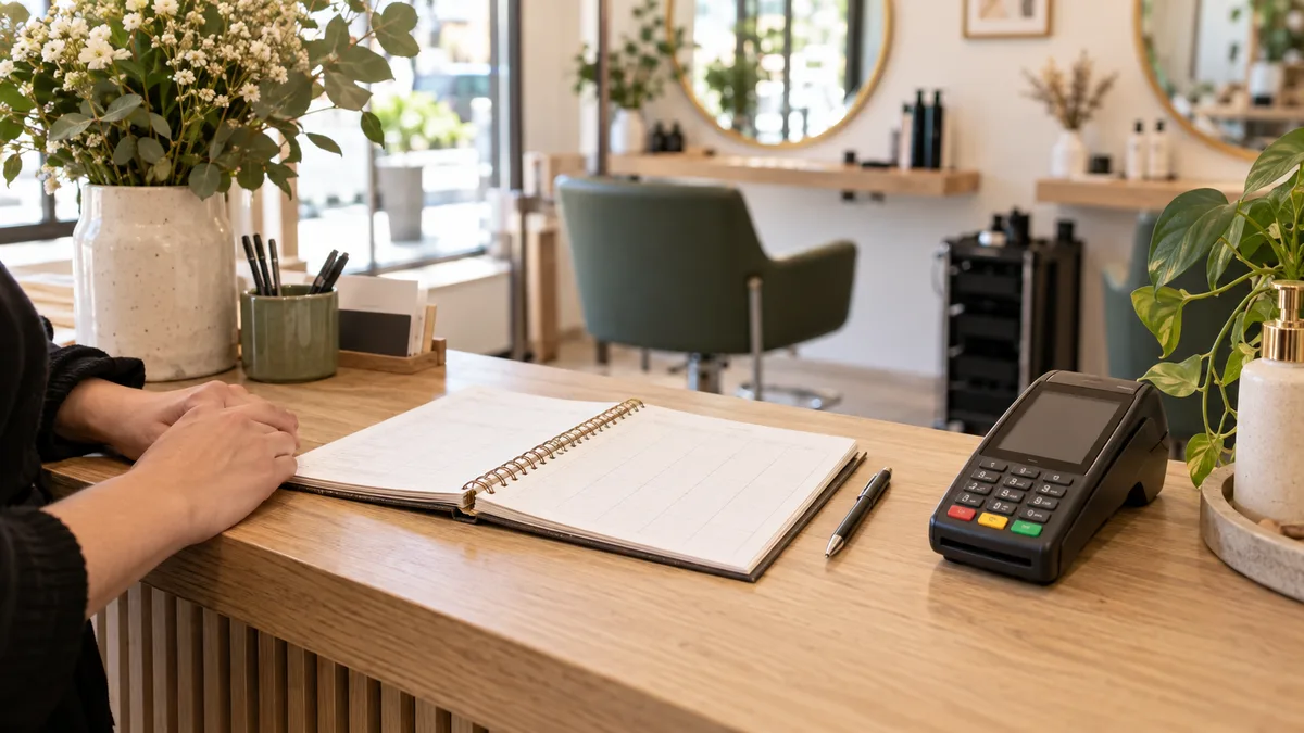 Comptoir de salon avec carnet de rendez-vous ouvert, stylo et terminal de paiement générique.