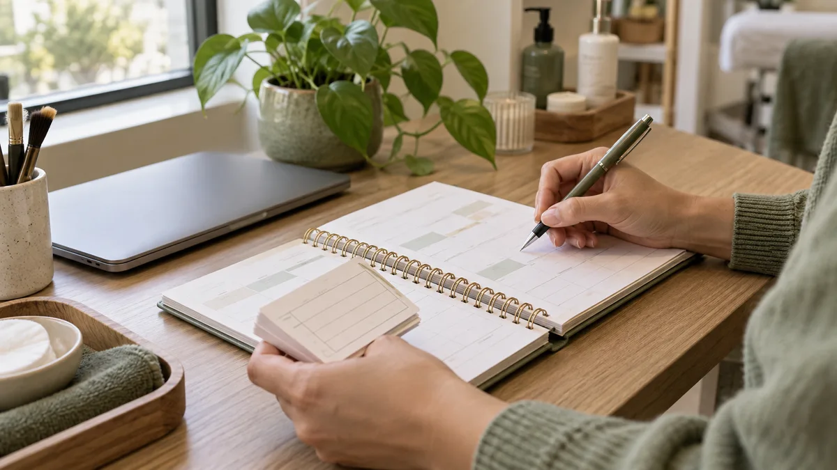Mains préparant un planning de salon avec un stylo et des cartes de rendez-vous sur un bureau.